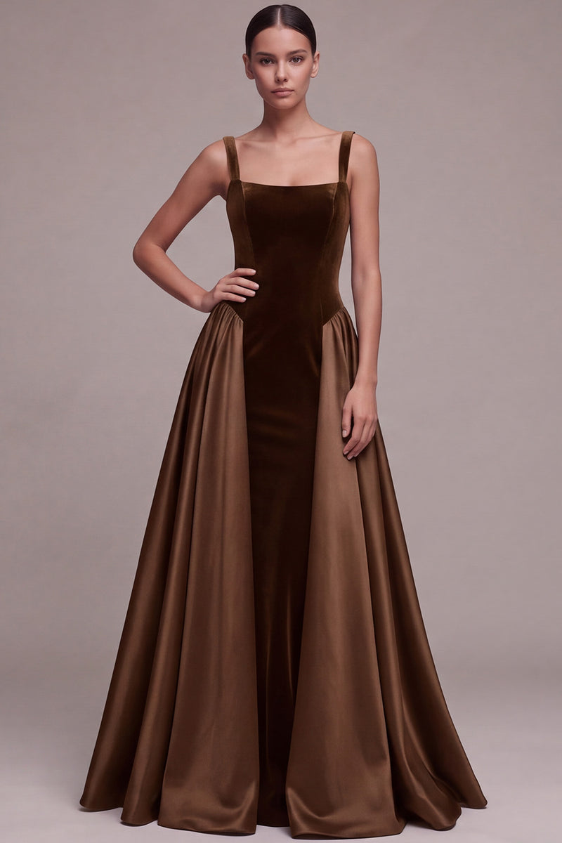 Laden Sie das Bild in den Galerie-Viewer, Pflaumenfarbenes A-Linie Quadrathals Satin Dicke Träger Maxi Samtkleid
