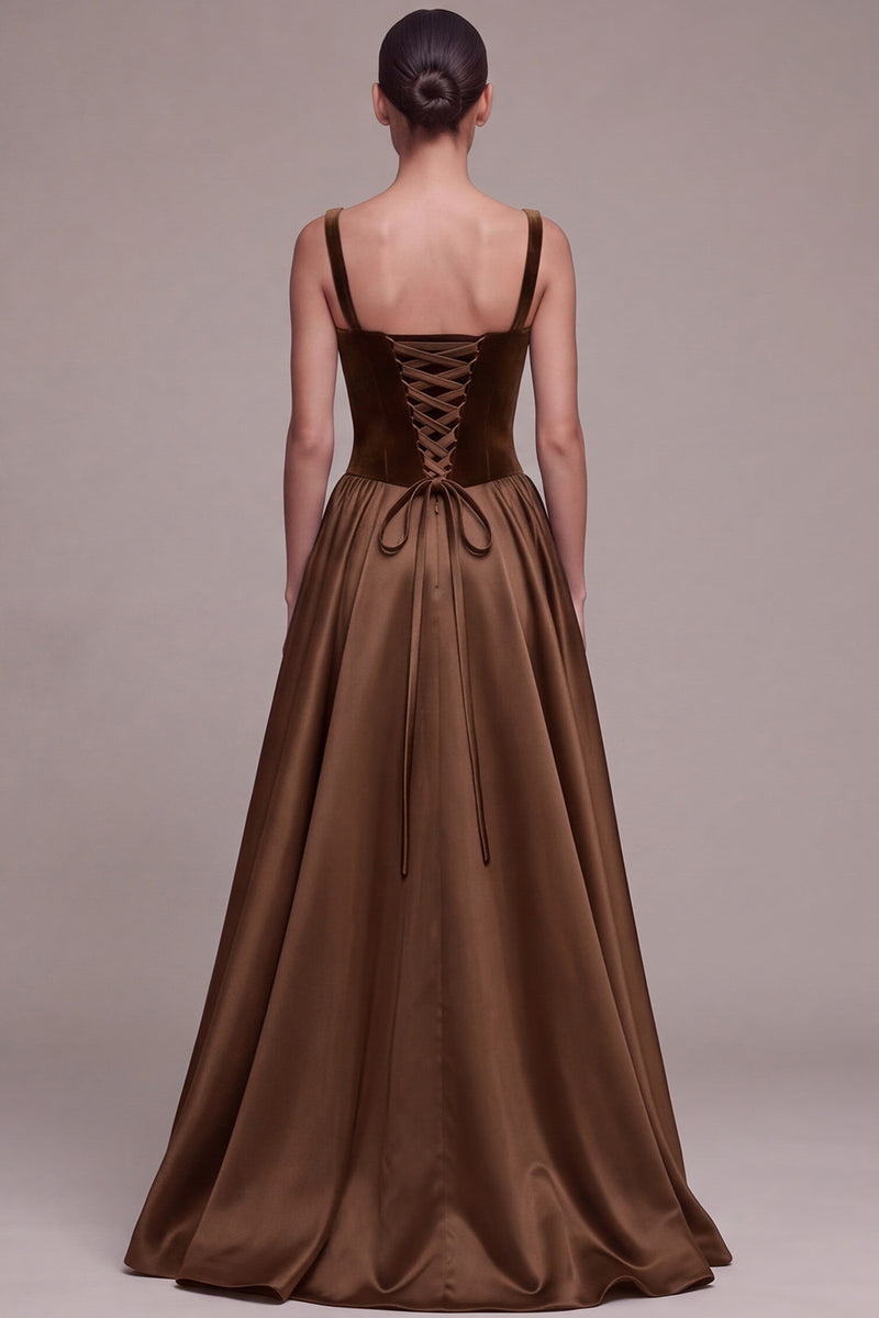 Laden Sie das Bild in den Galerie-Viewer, Pflaumenfarbenes A-Linie Quadrathals Satin Dicke Träger Maxi Samtkleid