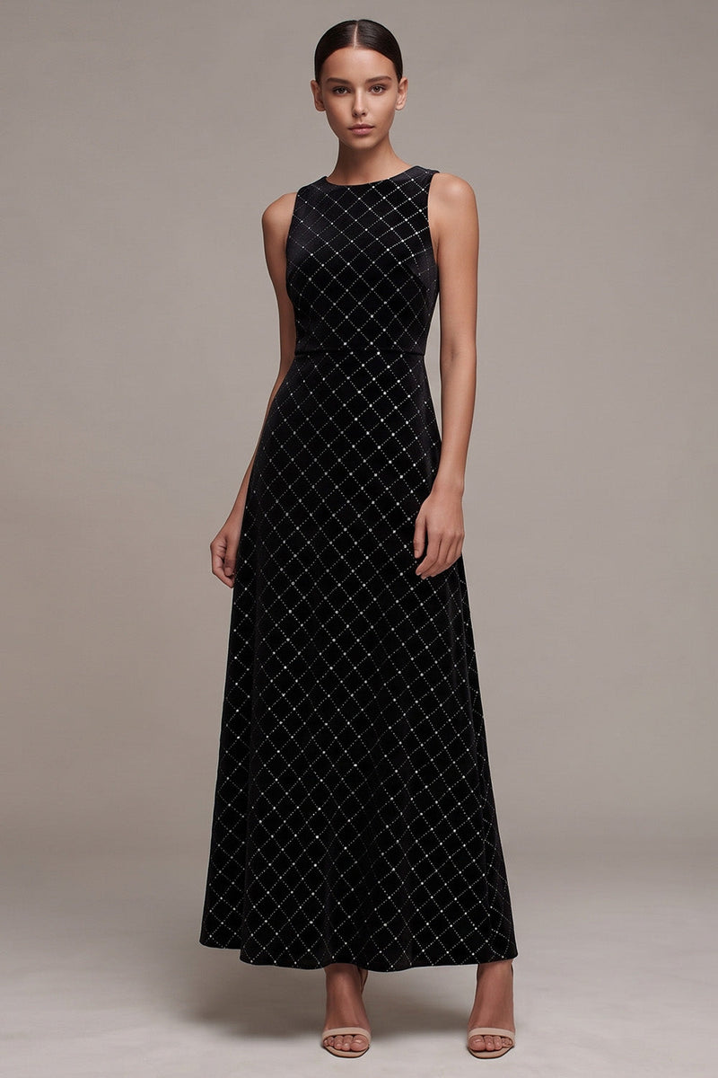 Laden Sie das Bild in den Galerie-Viewer, Schwarzes A-Linie Maxi Samtkleid mit rundem Ausschnitt