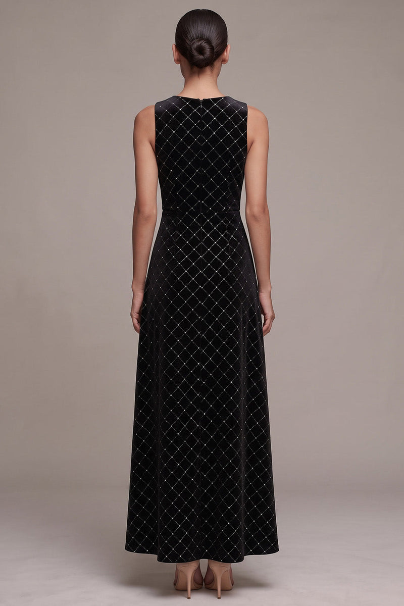 Laden Sie das Bild in den Galerie-Viewer, Schwarzes A-Linie Maxi Samtkleid mit rundem Ausschnitt