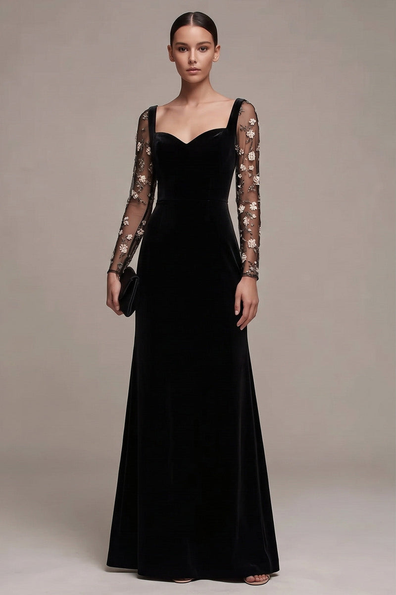 Laden Sie das Bild in den Galerie-Viewer, Schwarzes A-Linie Sweetheart Langarmiges Maxi Samtkleid mit Stickerei