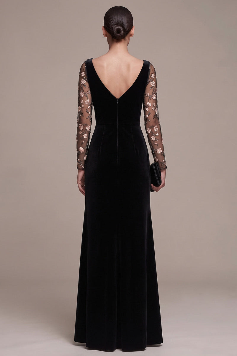 Laden Sie das Bild in den Galerie-Viewer, Schwarzes A-Linie Sweetheart Langarmiges Maxi Samtkleid mit Stickerei