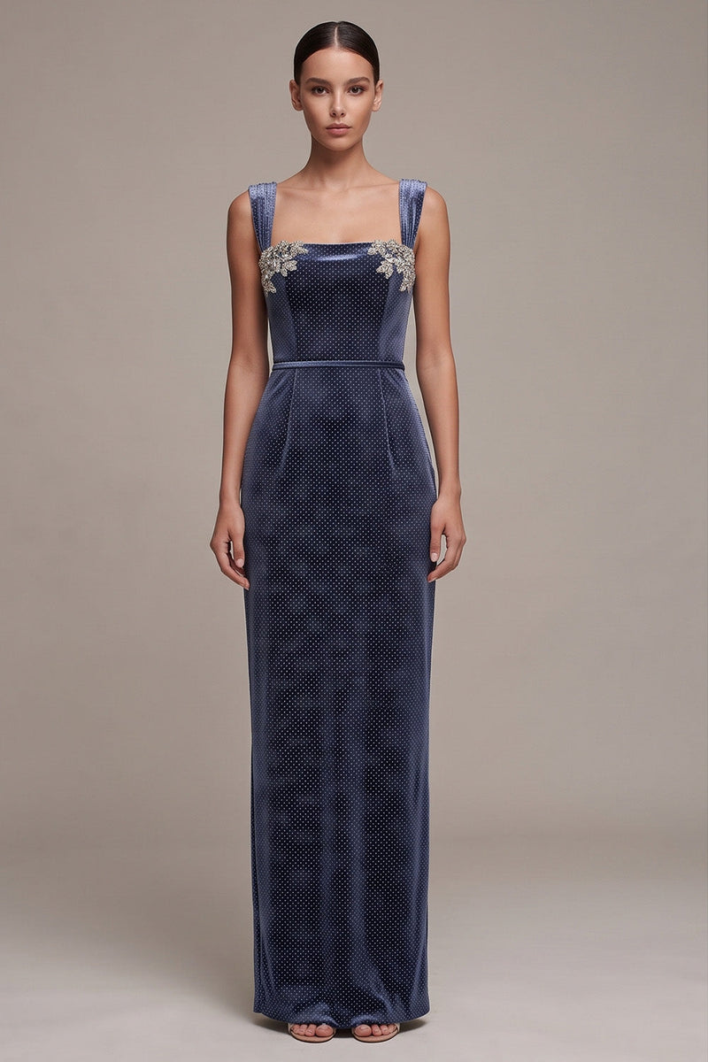 Laden Sie das Bild in den Galerie-Viewer, Staubige blaue Scheide Langes Samtkleid mit quadratischem Ausschnitt und Perlenbestickung