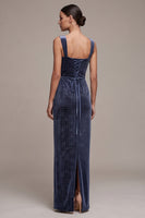 Laden Sie das Bild in den Galerie-Viewer, Staubige blaue Scheide Langes Samtkleid mit quadratischem Ausschnitt und Perlenbestickung