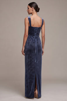 Staubige blaue Scheide Langes Samtkleid mit quadratischem Ausschnitt und Perlenbestickung