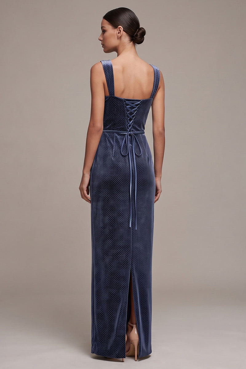Laden Sie das Bild in den Galerie-Viewer, Staubige blaue Scheide Langes Samtkleid mit quadratischem Ausschnitt und Perlenbestickung
