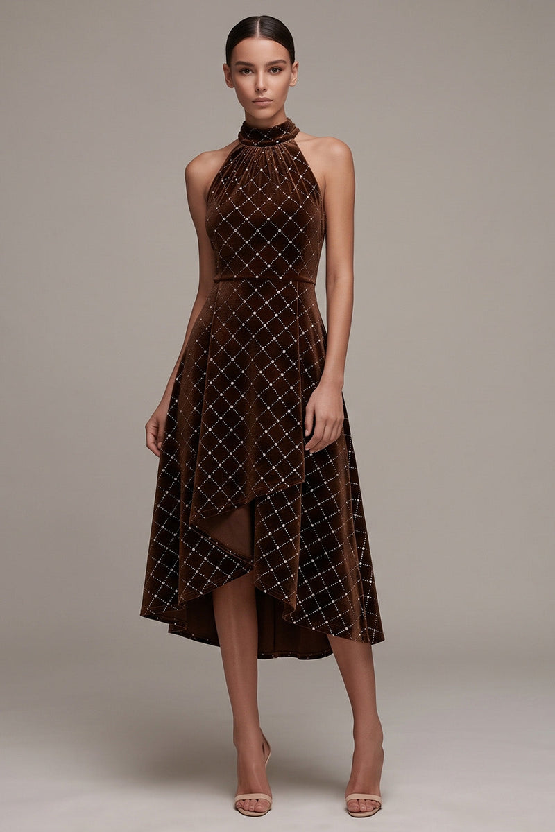 Laden Sie das Bild in den Galerie-Viewer, Kaffee Halter High-Low A-Linie Samtkleid mit Perlen