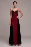 Laden Sie das Bild in den Galerie-Viewer, Rot-schwarzes Sheath Spaghetti-Träger A-Linie Glitzer Maxi Samtkleid