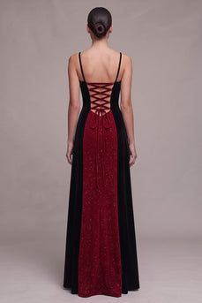 Rot-schwarzes Sheath Spaghetti-Träger A-Linie Glitzer Maxi Samtkleid