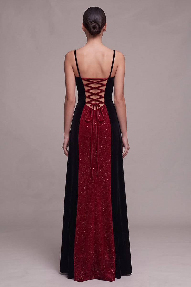 Laden Sie das Bild in den Galerie-Viewer, Rot-schwarzes Sheath Spaghetti-Träger A-Linie Glitzer Maxi Samtkleid