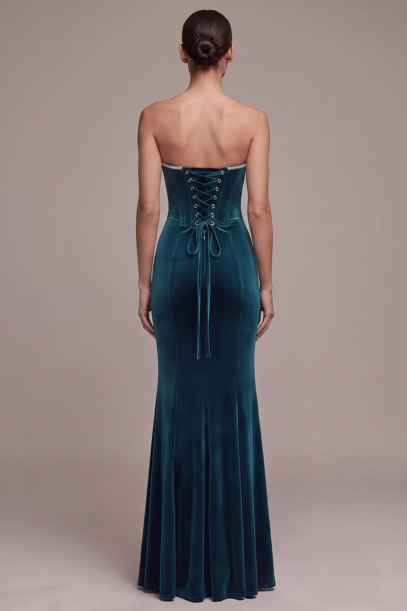 Laden Sie das Bild in den Galerie-Viewer, Pfauenblaues Korsett Meerjungfrauen Trägerloses Langes Samtkleid mit Streißstein