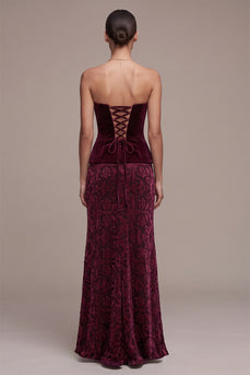 Burgunderrotes Trägerloses Jacquard Maxi Samtkleid