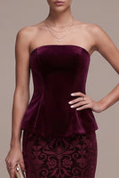 Laden Sie das Bild in den Galerie-Viewer, Burgunderrotes Trägerloses Jacquard Maxi Samtkleid