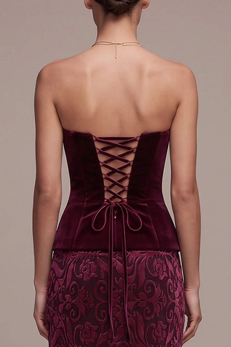 Laden Sie das Bild in den Galerie-Viewer, Burgunderrotes Trägerloses Jacquard Maxi Samtkleid