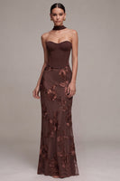 Laden Sie das Bild in den Galerie-Viewer, Kaffee Corset Sheath Trägerloses Blumenapplikationen Maxi Festkleid