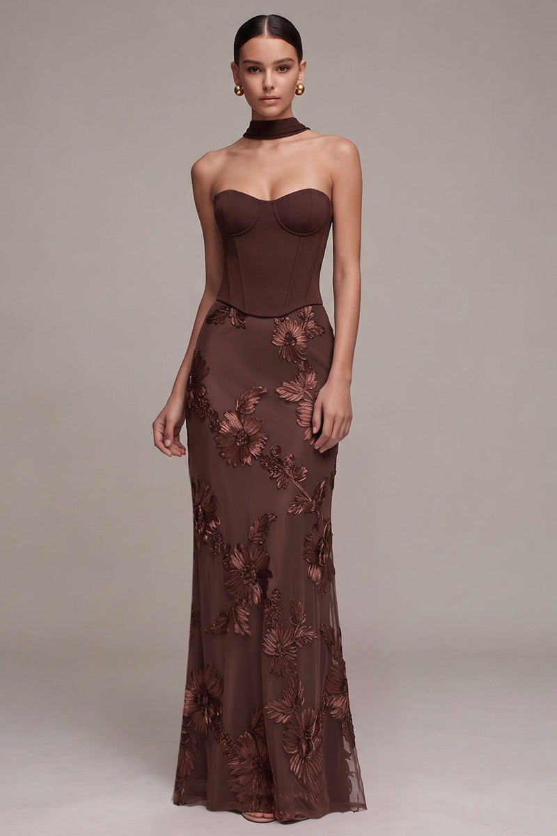Laden Sie das Bild in den Galerie-Viewer, Kaffee Corset Sheath Trägerloses Blumenapplikationen Maxi Festkleid