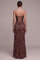Laden Sie das Bild in den Galerie-Viewer, Kaffee Corset Sheath Trägerloses Blumenapplikationen Maxi Festkleid