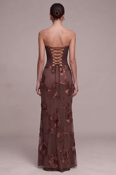 Kaffee Corset Sheath Trägerloses Blumenapplikationen Maxi Festkleid