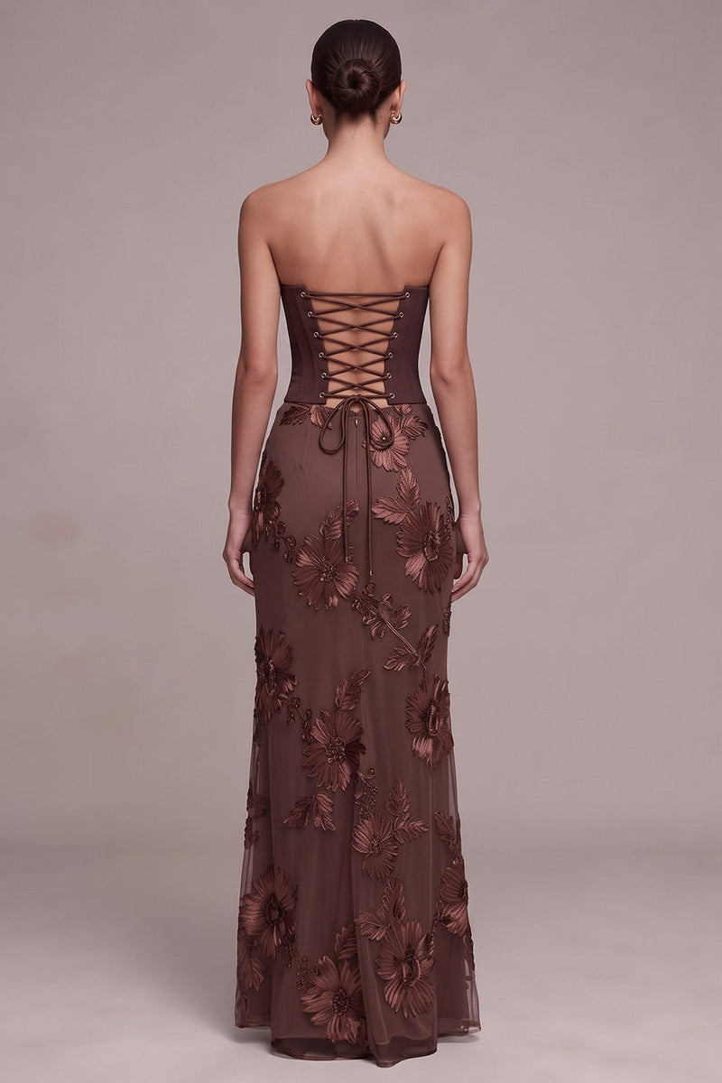 Laden Sie das Bild in den Galerie-Viewer, Kaffee Corset Sheath Trägerloses Blumenapplikationen Maxi Festkleid