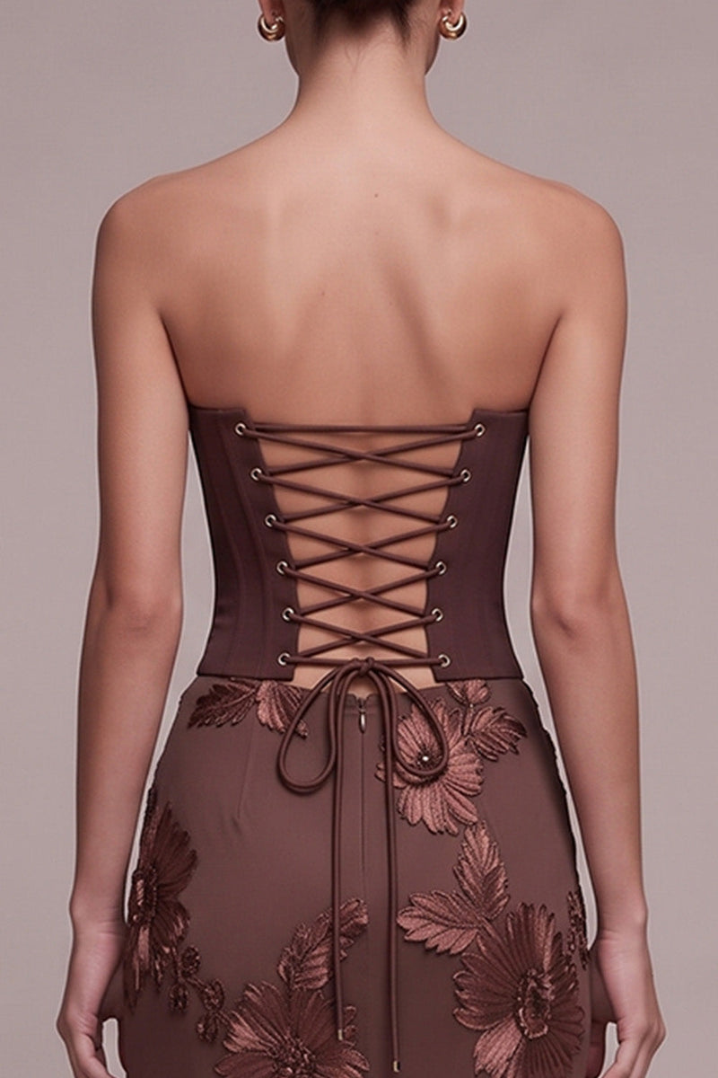 Laden Sie das Bild in den Galerie-Viewer, Kaffee Corset Sheath Trägerloses Blumenapplikationen Maxi Festkleid