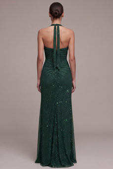 Dunkelgrünes Halter Gerafftes Perlenbezogenes Maxi Festkleid mit Schlitz