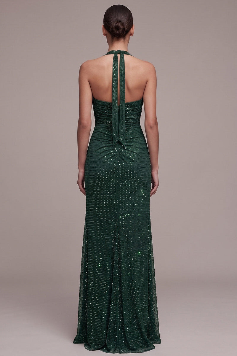 Laden Sie das Bild in den Galerie-Viewer, Dunkelgrünes Halter Gerafftes Perlenbezogenes Maxi Festkleid mit Schlitz