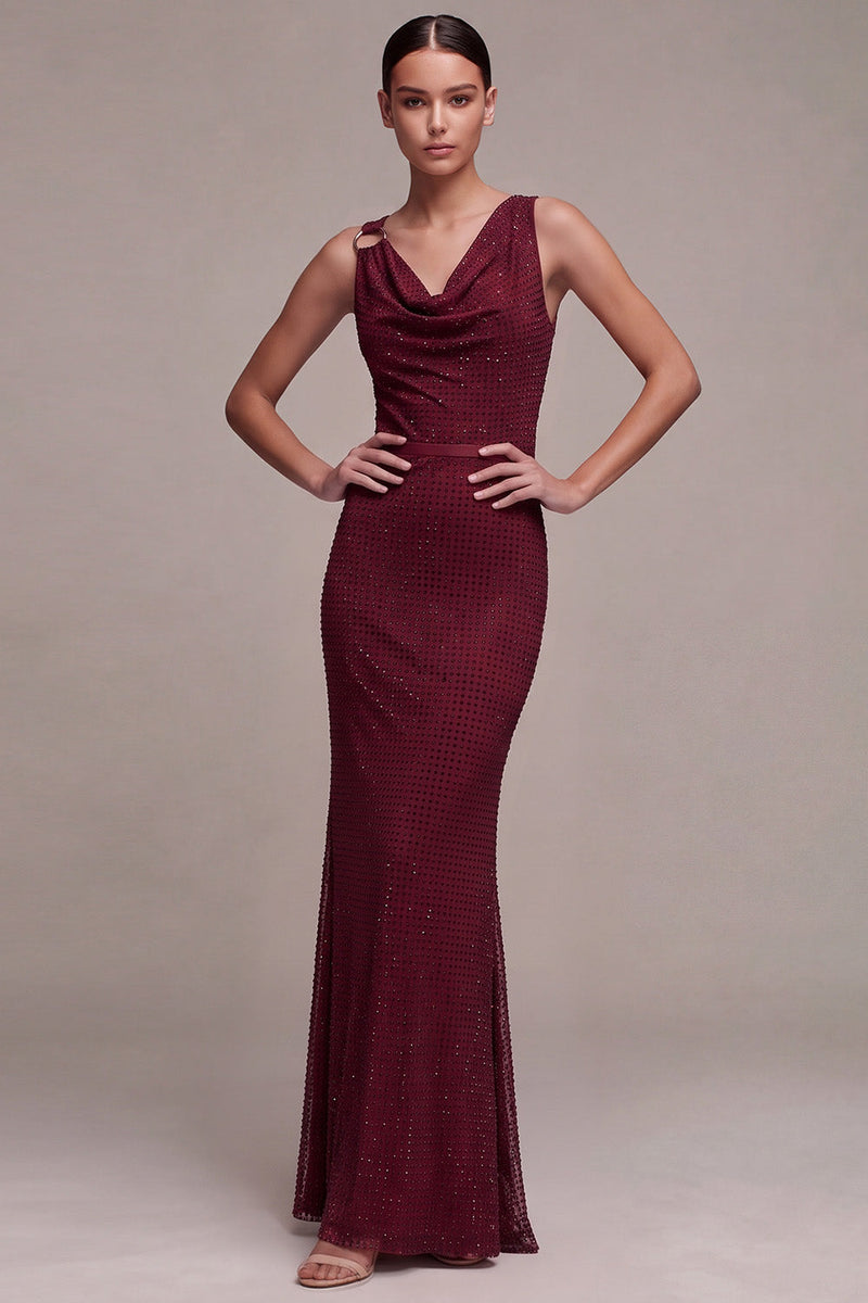 Laden Sie das Bild in den Galerie-Viewer, Burgunderrotes Meerjungfrauen Maxi Abendkleid mit V-hals
