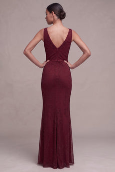 Burgunderrotes Meerjungfrauen Maxi Abendkleid mit V-hals