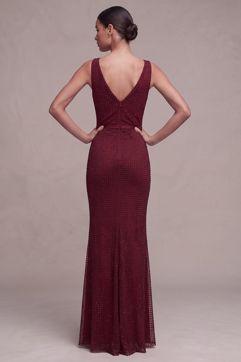 Laden Sie das Bild in den Galerie-Viewer, Burgunderrotes Meerjungfrauen Maxi Abendkleid mit V-hals