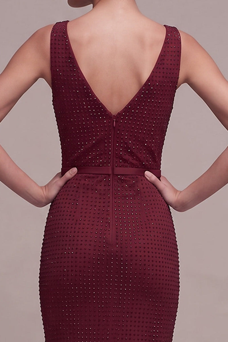 Laden Sie das Bild in den Galerie-Viewer, Burgunderrotes Meerjungfrauen Maxi Abendkleid mit V-hals
