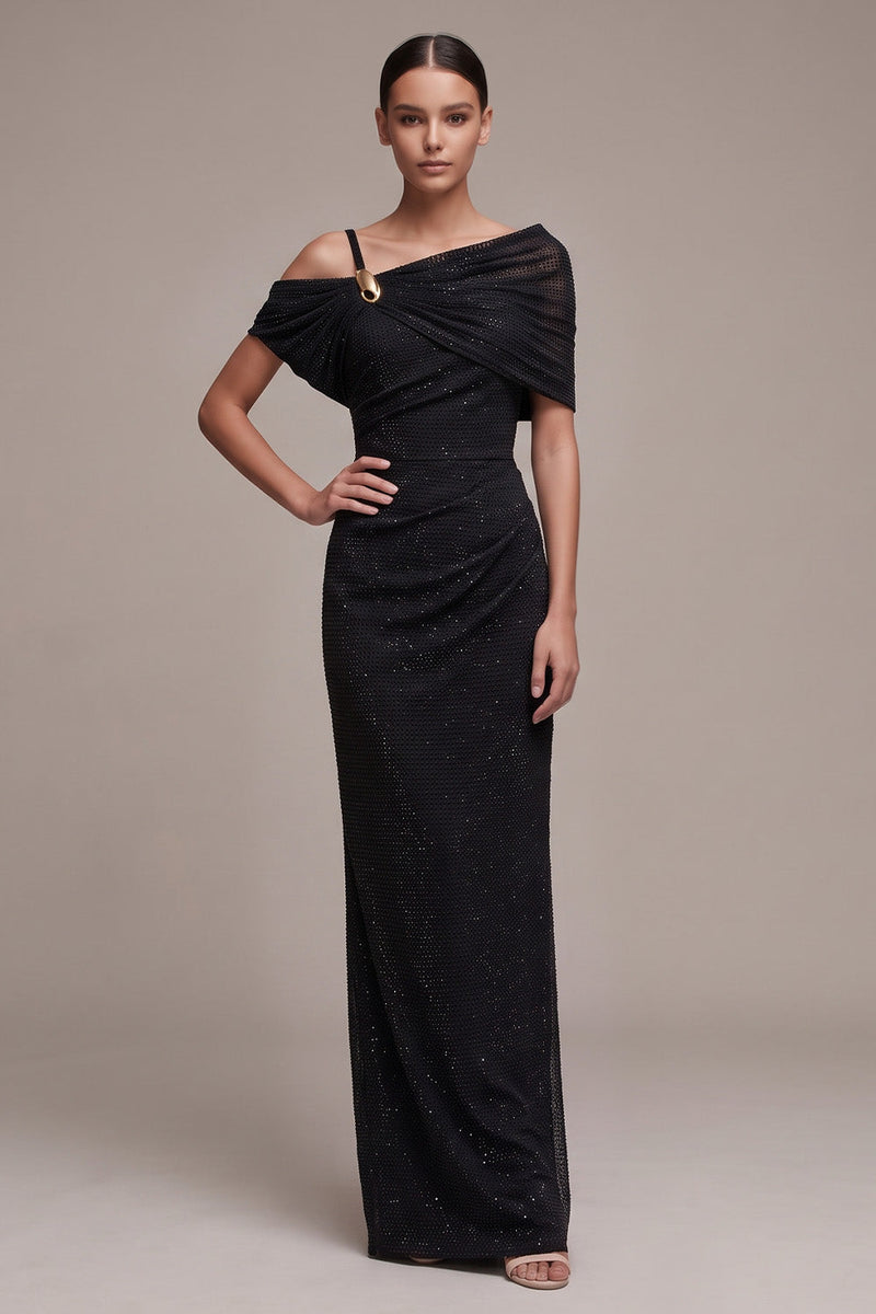 Laden Sie das Bild in den Galerie-Viewer, Schwarzes Asymmetrisches Schulterloses Gerafftes Maxi Festkleid