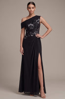 Laden Sie das Bild in den Galerie-Viewer, Schwarze Scheide Asymmetrische Einschulterig Gerafftes Langes Festkleid mit Applikationen