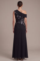 Laden Sie das Bild in den Galerie-Viewer, Schwarze Scheide Asymmetrische Einschulterig Gerafftes Langes Festkleid mit Applikationen