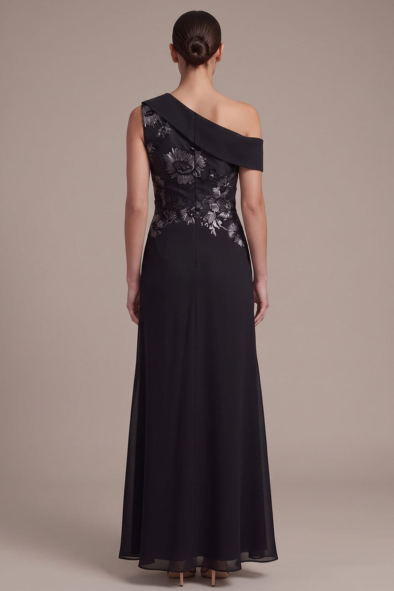 Laden Sie das Bild in den Galerie-Viewer, Schwarze Scheide Asymmetrische Einschulterig Gerafftes Langes Festkleid mit Applikationen