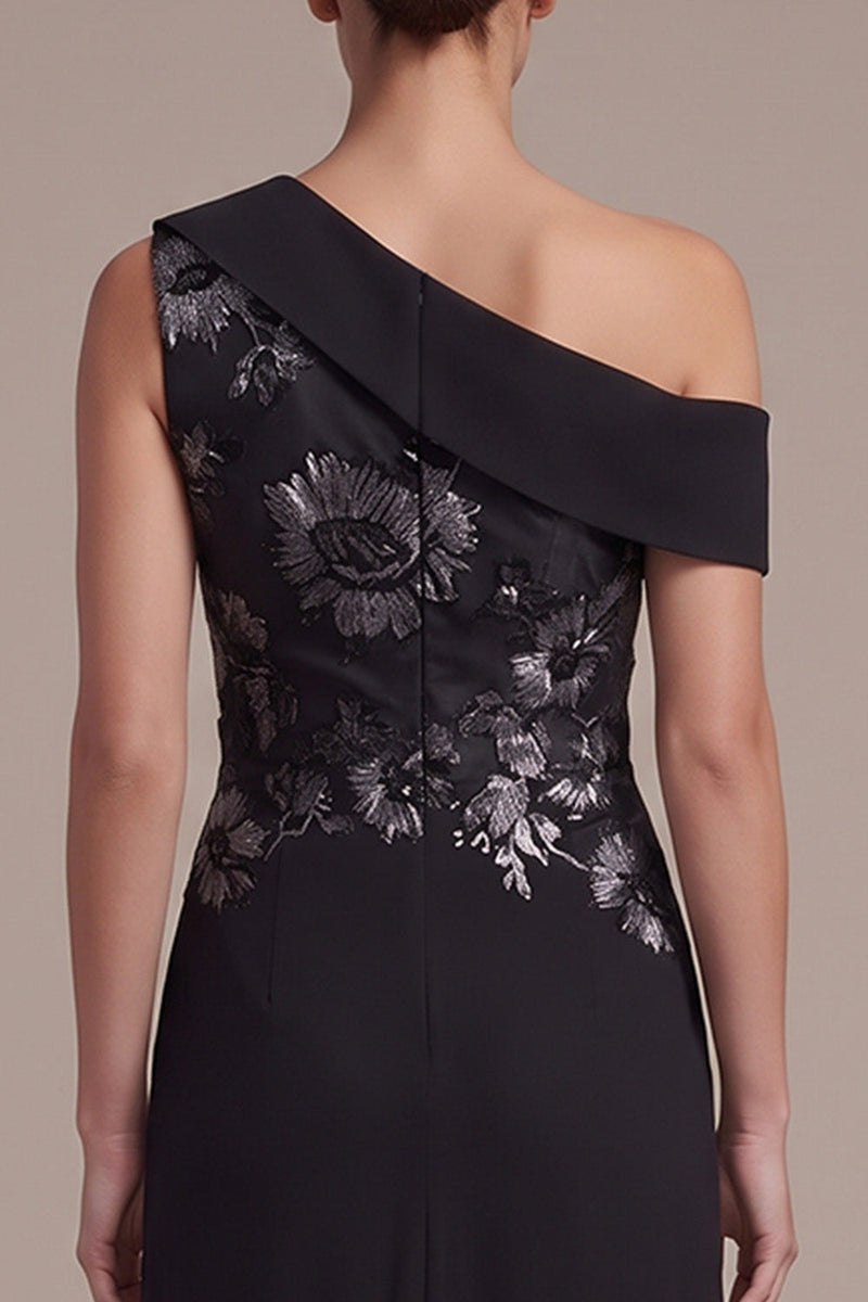 Laden Sie das Bild in den Galerie-Viewer, Schwarze Scheide Asymmetrische Einschulterig Gerafftes Langes Festkleid mit Applikationen