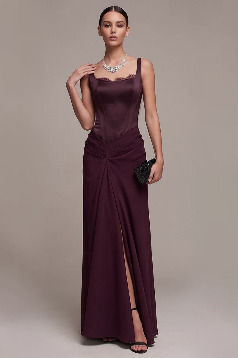 Laden Sie das Bild in den Galerie-Viewer, Burgunderrotes Korsett Quadratischer Ausschnitt Gerafftes Maxi Kleid mit Spitze