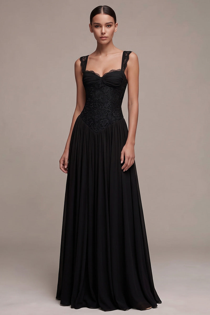 Laden Sie das Bild in den Galerie-Viewer, Schwarzes Korsett Sweetheart A-Linie Maxi Festkleid mit Spitze