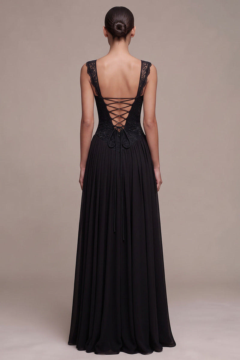 Laden Sie das Bild in den Galerie-Viewer, Schwarzes Korsett Sweetheart A-Linie Maxi Festkleid mit Spitze