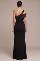 Laden Sie das Bild in den Galerie-Viewer, Schwarzes Scheide Asymmetrisches Langes Festkleid mit seitlichem Schlitz