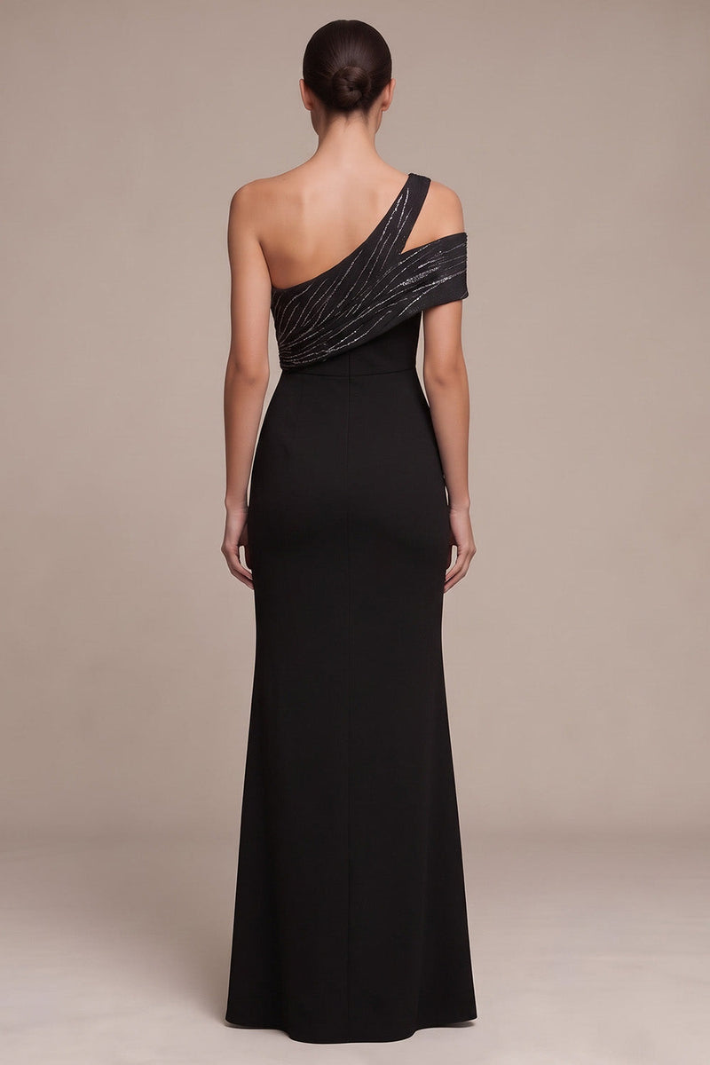 Laden Sie das Bild in den Galerie-Viewer, Schwarzes Scheide Asymmetrisches Langes Festkleid mit seitlichem Schlitz