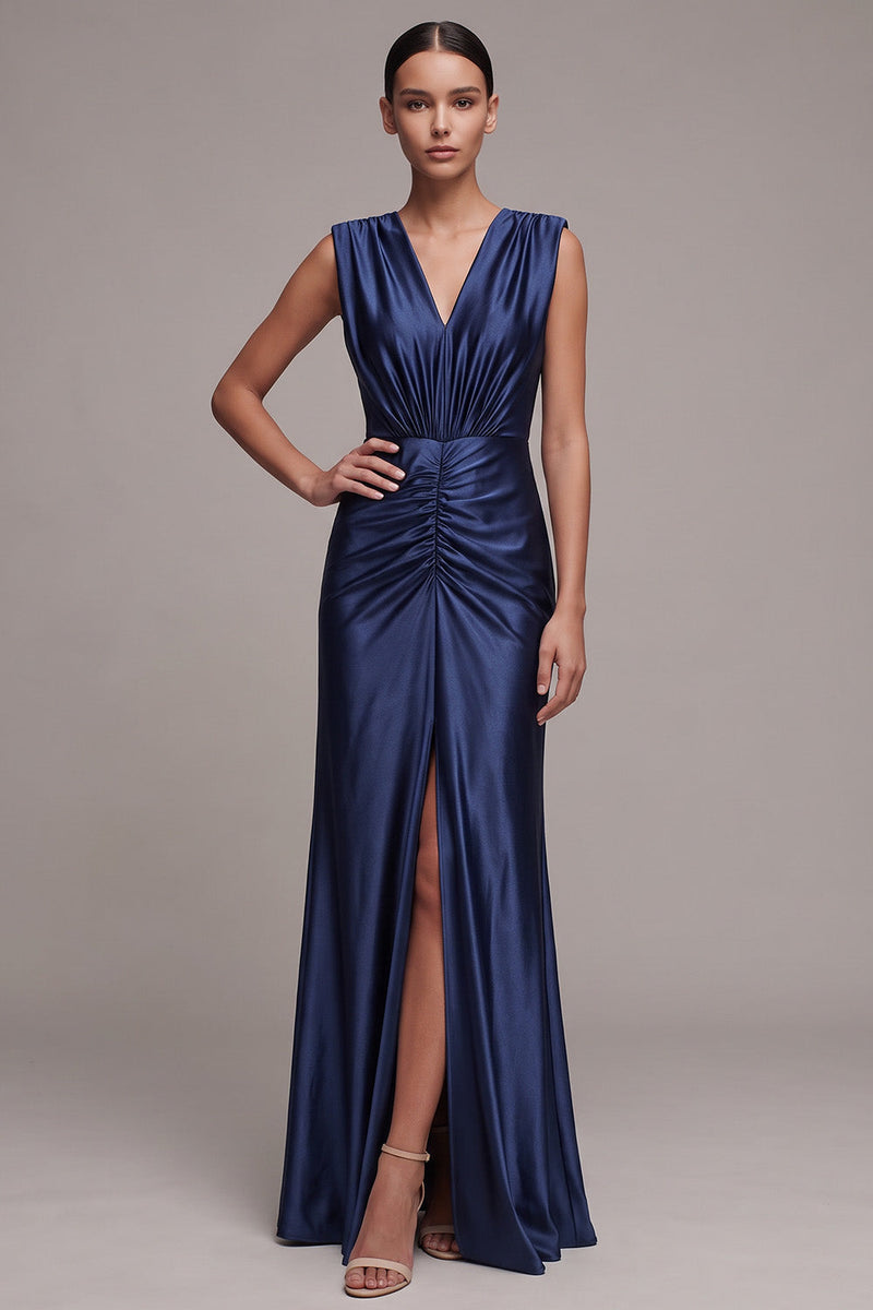 Laden Sie das Bild in den Galerie-Viewer, Marineblaues V-Ausschnitt Gerafftes Langes Festkleid mit Vorneschlitz