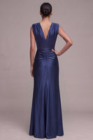 Laden Sie das Bild in den Galerie-Viewer, Marineblaues V-Ausschnitt Gerafftes Langes Festkleid mit Vorneschlitz