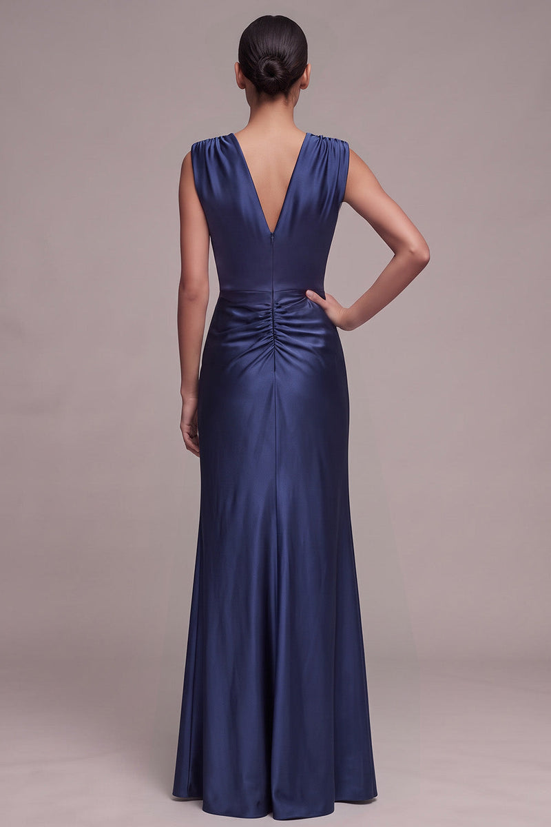 Laden Sie das Bild in den Galerie-Viewer, Marineblaues V-Ausschnitt Gerafftes Langes Festkleid mit Vorneschlitz