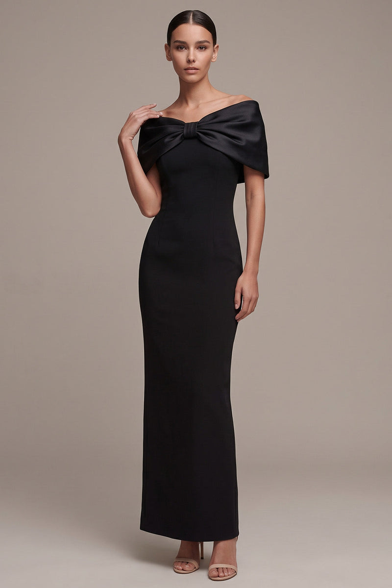 Laden Sie das Bild in den Galerie-Viewer, Langes Schwarzes Schulter-Schleife Satin Abendkleid