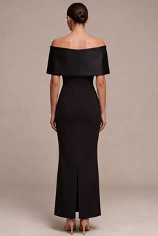 Langes Schwarzes Schulter-Schleife Satin Abendkleid