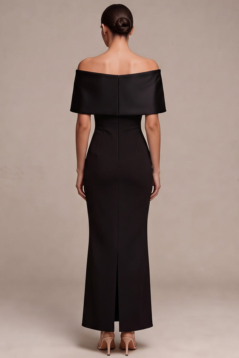 Laden Sie das Bild in den Galerie-Viewer, Langes Schwarzes Schulter-Schleife Satin Abendkleid