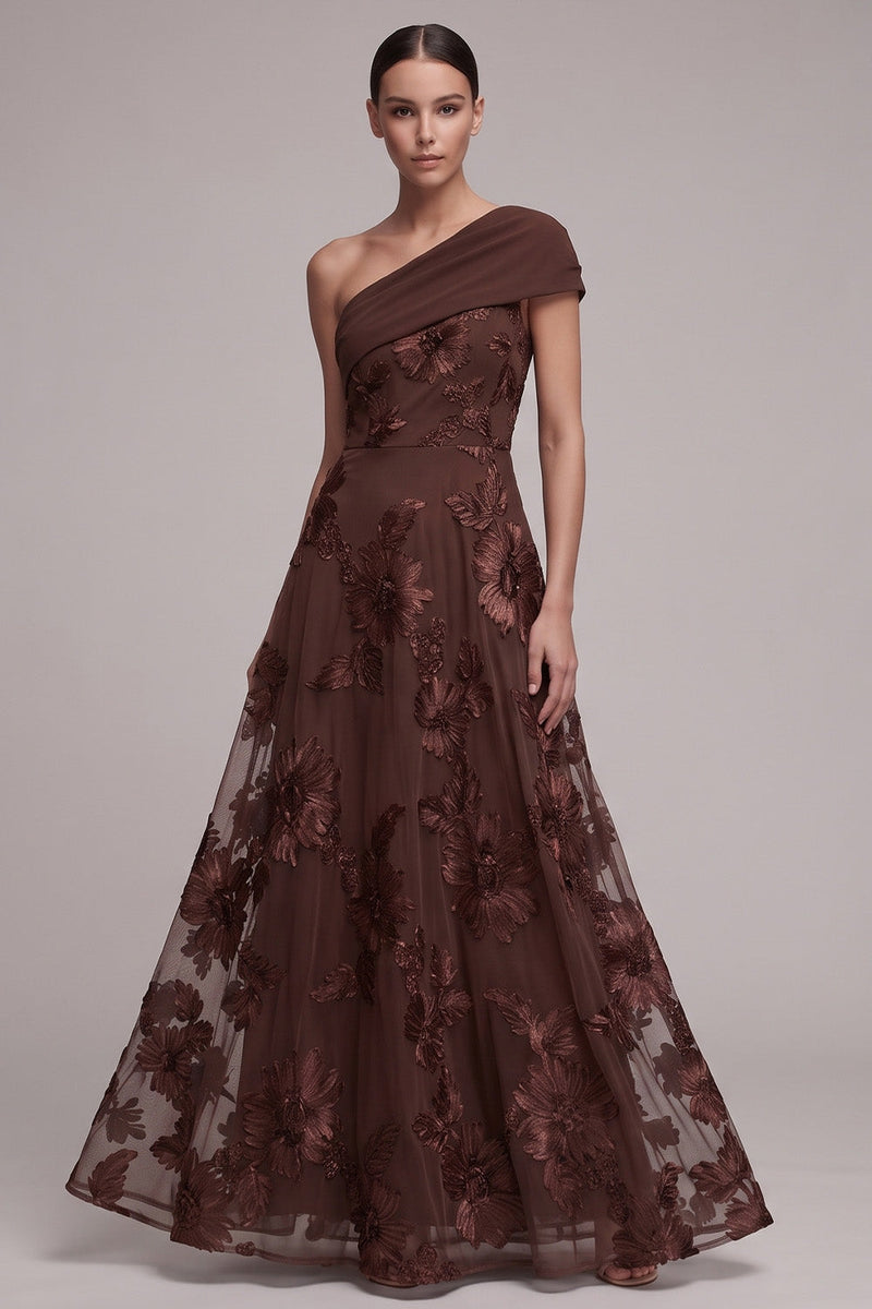 Laden Sie das Bild in den Galerie-Viewer, Kaffee A-Linie Asymmetrische Einschulterige Blumenapplikationen Maxi Festkleid