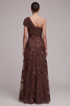 Kaffee A-Linie Asymmetrische Einschulterige Blumenapplikationen Maxi Festkleid