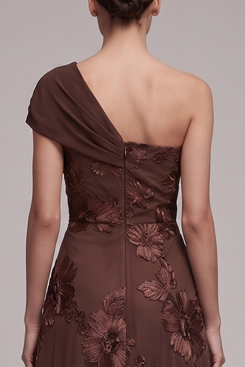 Laden Sie das Bild in den Galerie-Viewer, Kaffee A-Linie Asymmetrische Einschulterige Blumenapplikationen Maxi Festkleid