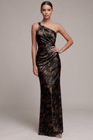 Laden Sie das Bild in den Galerie-Viewer, Schwarzes Scheiden Ein-Schulter Muster Satin Maxi Abendkleid